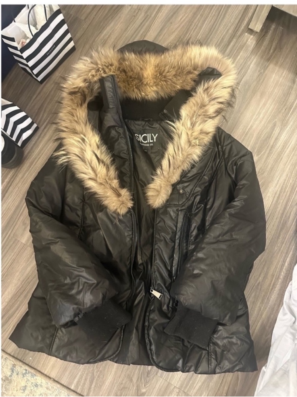 Sicily Women's Black Puffer Jacket with Faux Fur Hood